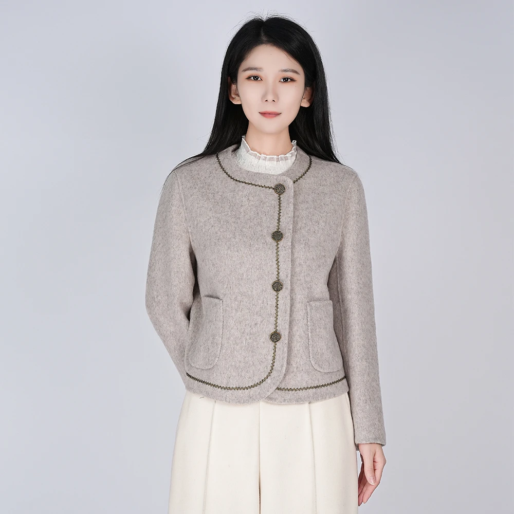 浒城古娘绵羊毛百搭时尚优雅气质双面呢短款女外套上衣WH05007755