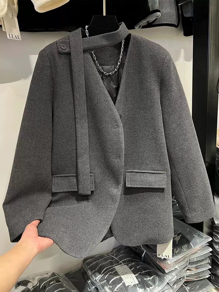 欧范家欧货冬季加绒加厚无领西服羽服外套棉衣