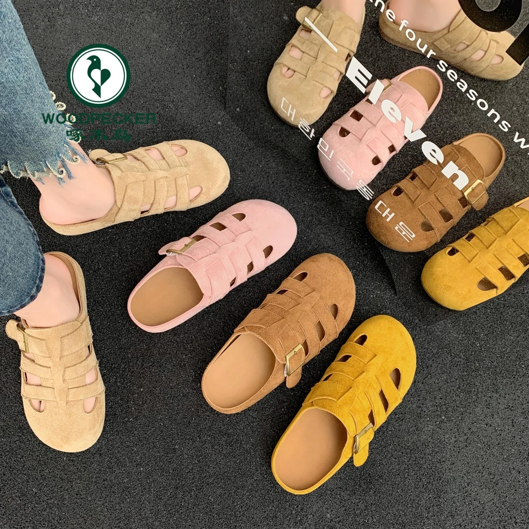 啄木鸟2025春夏季新款复古编织猪笼勃肯女鞋镂空包头罗马凉拖鞋女