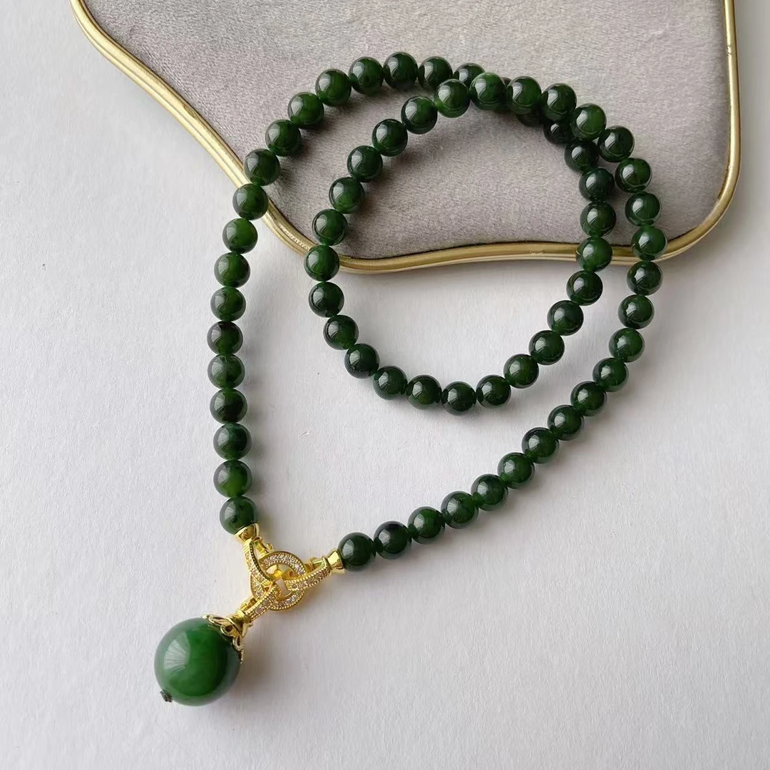 7-8mm和田玉碧玉龙珠项链吊坠手串妈妈气质时尚百搭女士绿色复古