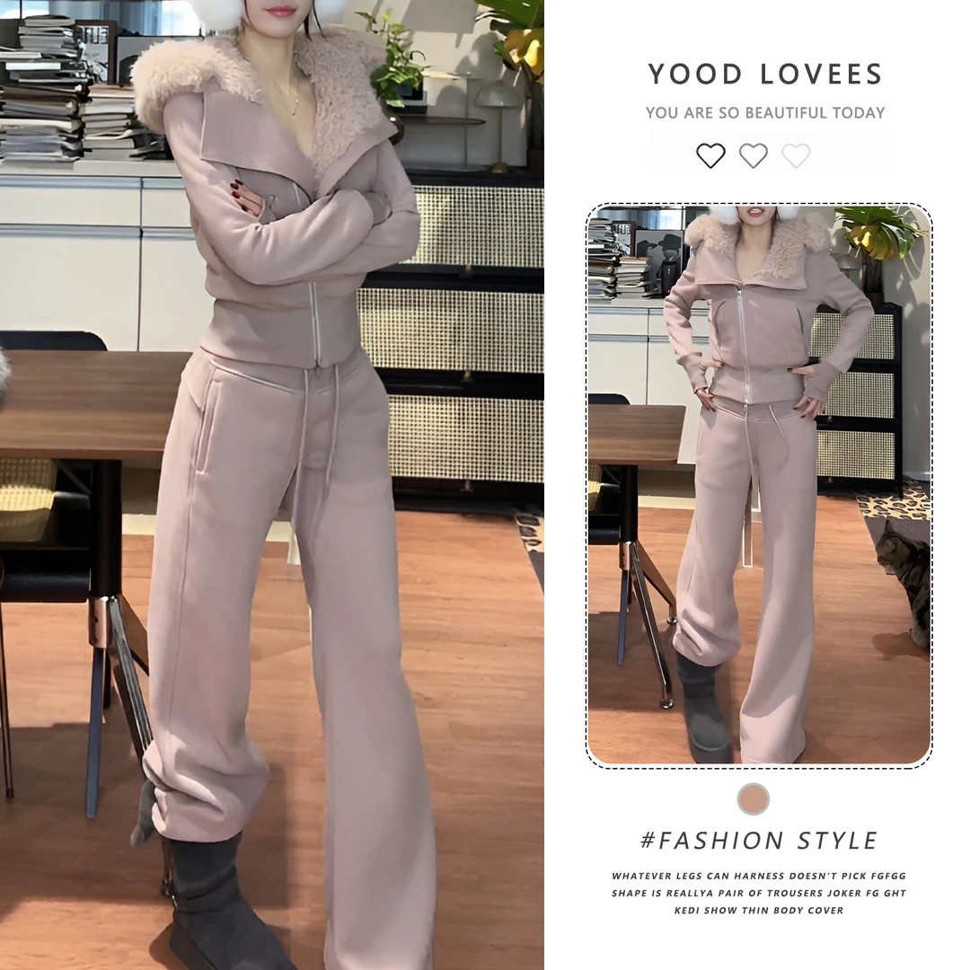 高级感保暖洋气毛领外套女2025冬季新款韩系时尚百搭直筒裤两件套