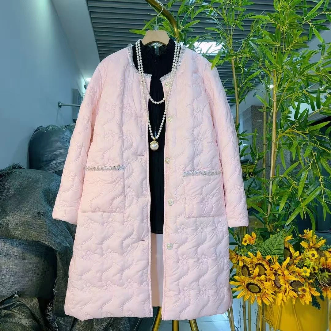 欧货时尚轻薄刺绣长款棉服冬季外套微胖大码过膝小香风冬装7269