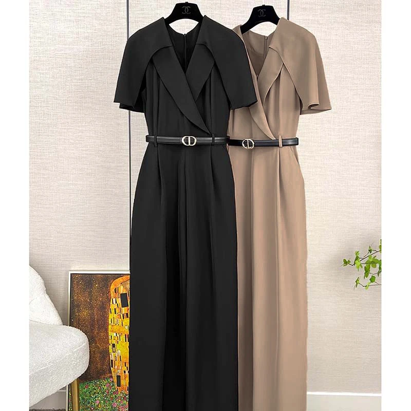 【送腰带】2025夏季高级感通勤阔腿裤斗篷拼接高腰显瘦连体裤D1307