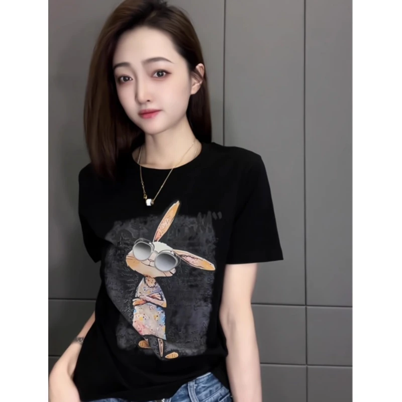 夏季欧货高端正肩短袖女t恤2025新款设计感小众显瘦黑色印花上衣