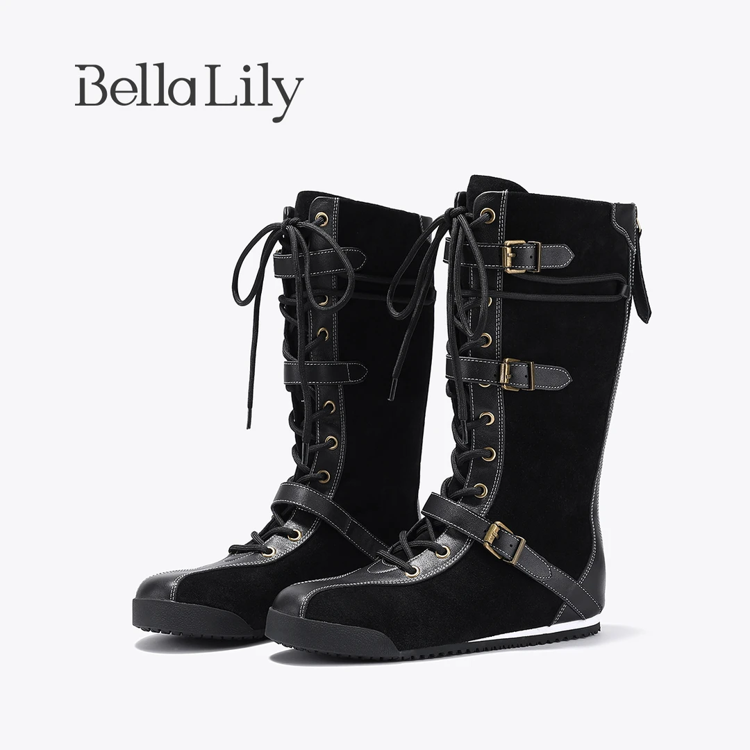 BellaLily2025秋季新款复古骑士靴内增高女靴个性设计感高筒潮靴
