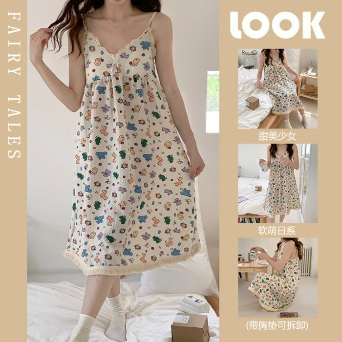 带胸垫睡衣夏季碎花纯欲风泡泡棉吊带睡裙女甜美可爱家居服可外穿