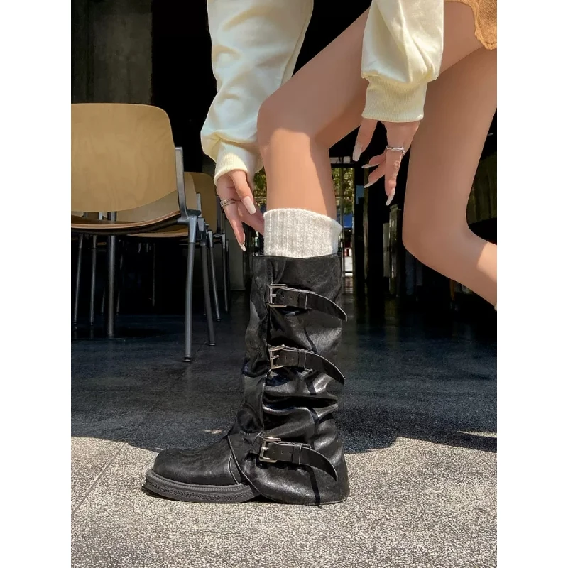 真皮废土风堆堆靴女夏季靴子女皮带扣增高显瘦中筒靴宽筒裤管靴