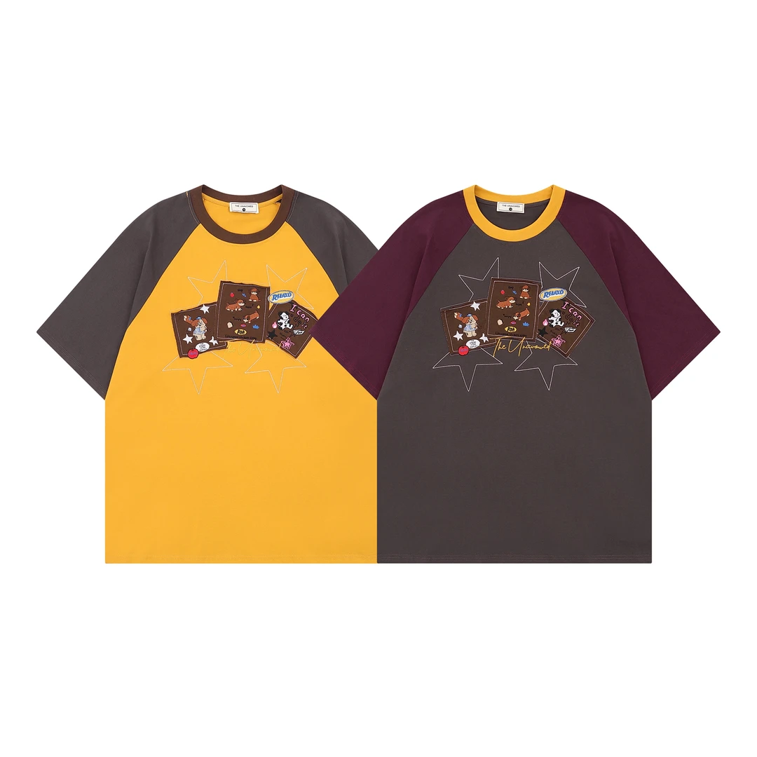 592C 男女同款美式复古插肩袖套头短袖T恤狗狗贴布刺绣情侣上衣