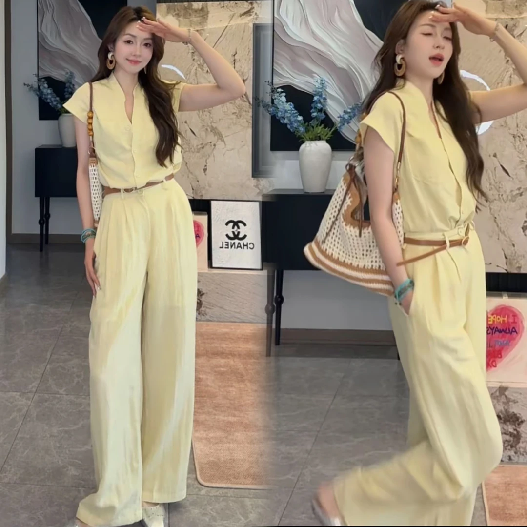 灿灿专属法式复古修身百搭V领短袖上衣气质高腰显瘦阔腿裤洋气时