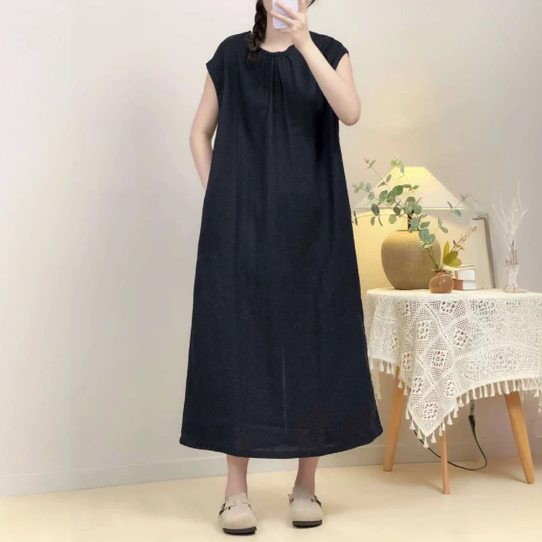 纯色裙子连衣裙夏季无袖休闲短袖藏蓝色显瘦见详情复古