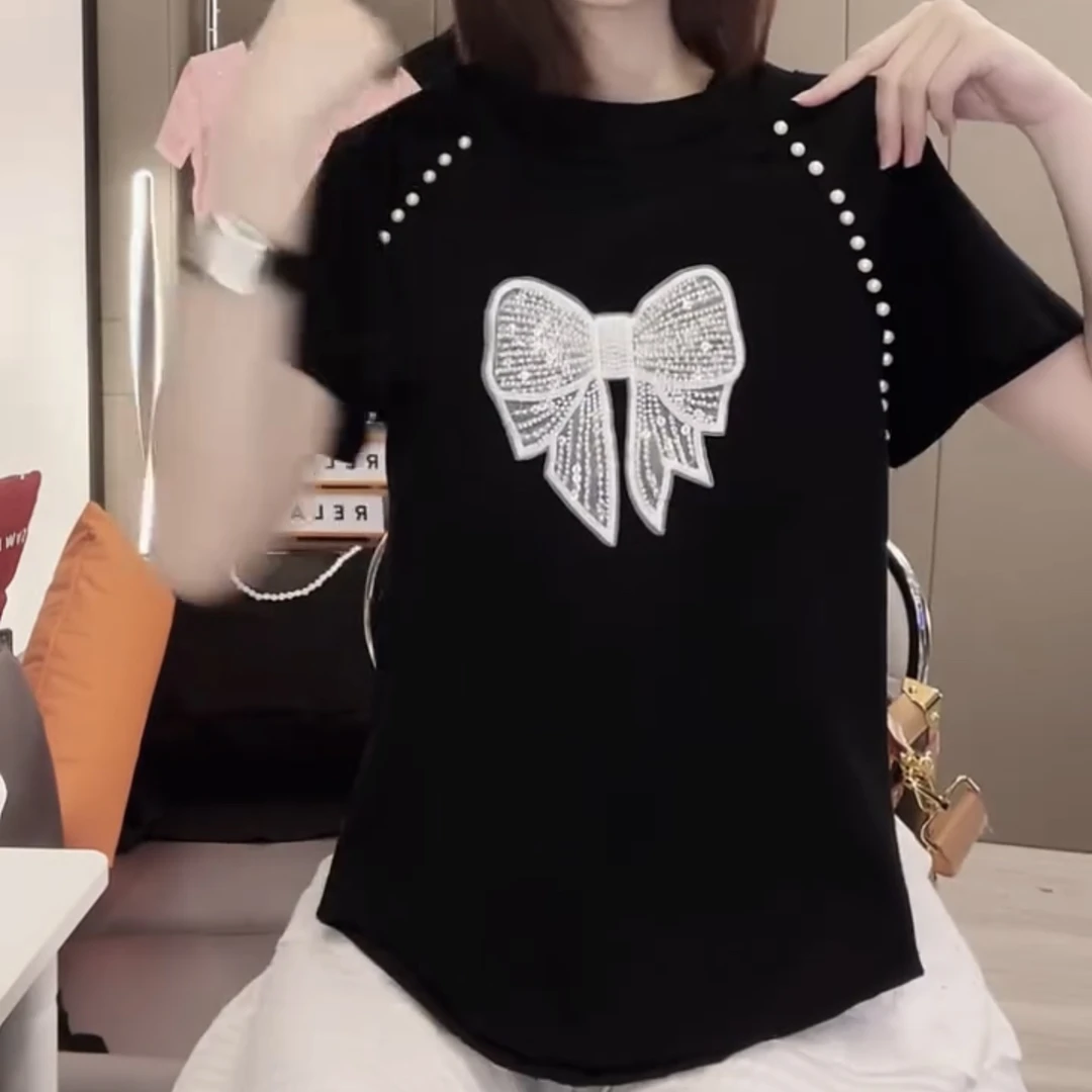 短袖街头风圆领蝴蝶结钉珠T恤夏季洋气重工黑色轻奢休闲5117