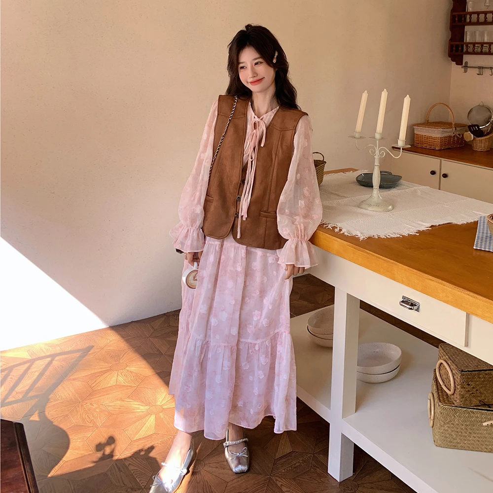 粉色甜美气质长裙子春夏新款韩系连衣裙套装显瘦复古马甲两件套