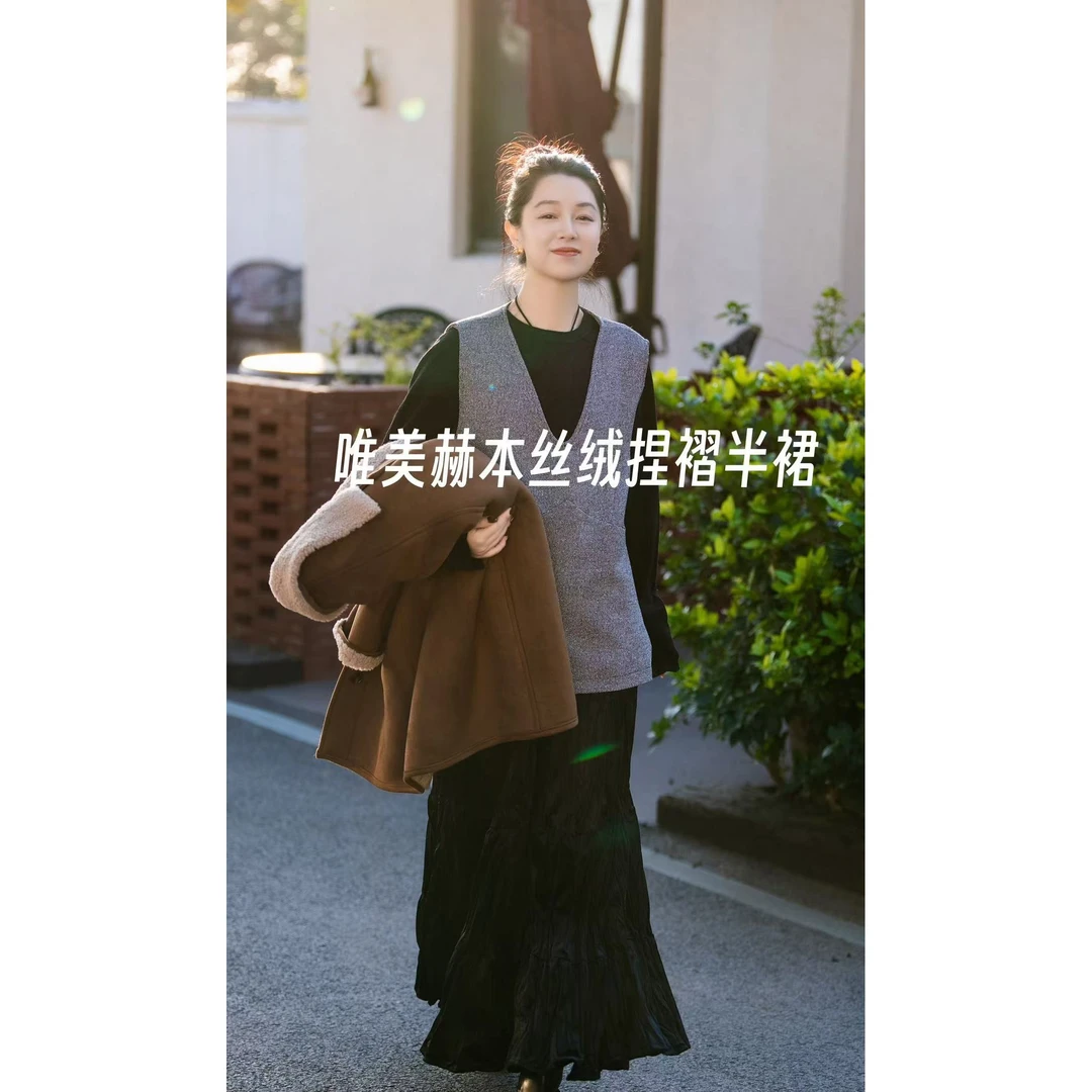 加莉精选【捏褶半裙】浪漫假日丝绒半裙 分码