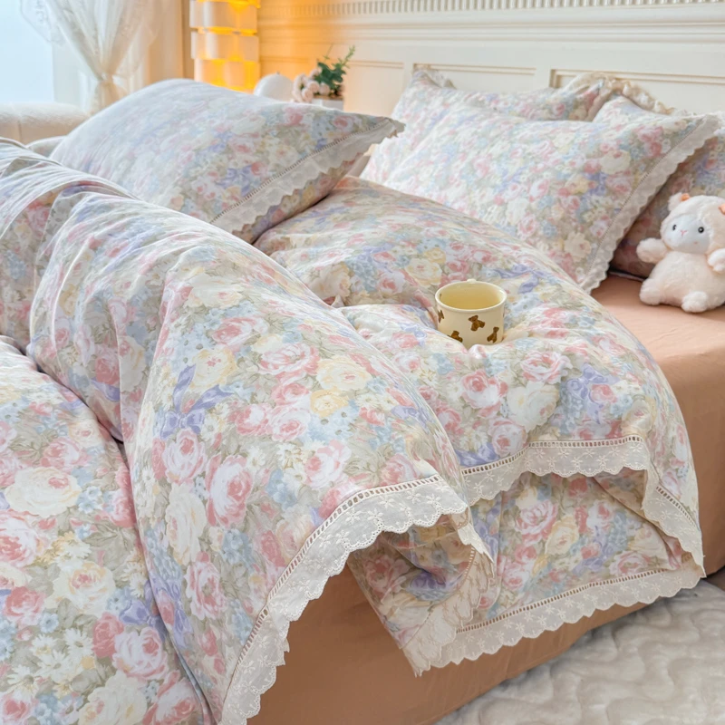 纯棉全棉双层纱四件套韩版蕾丝花边床单被套床笠款田园风床上用品