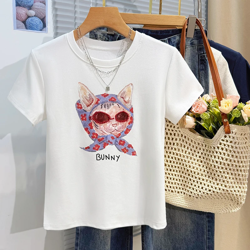 印花短袖t恤女夏季2025新款韩版休闲宽松圆领半袖体恤上衣服