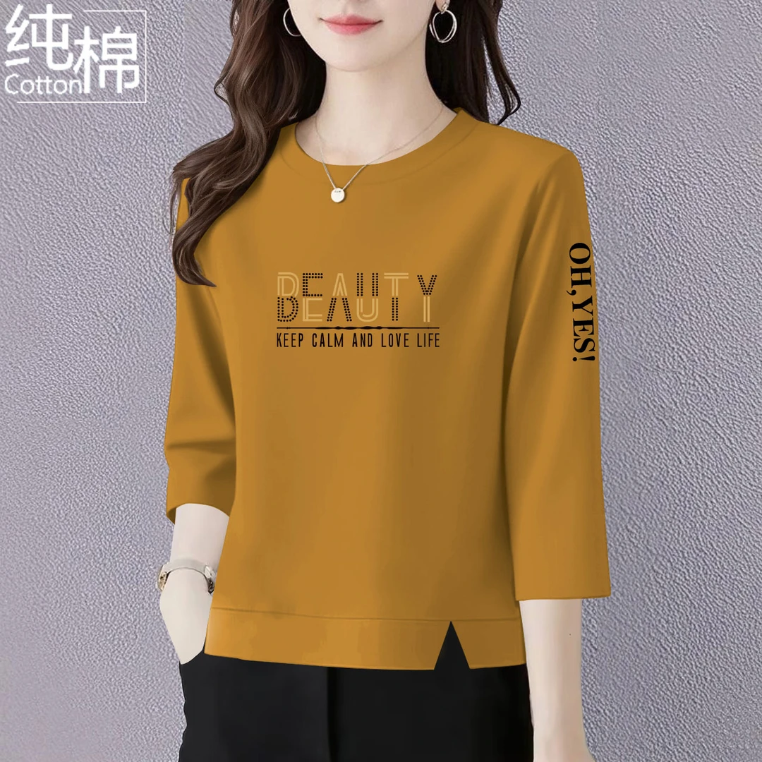 纯棉七分袖t恤女中年妈妈装夏季新款洋气宽松显瘦遮肚上衣女体恤