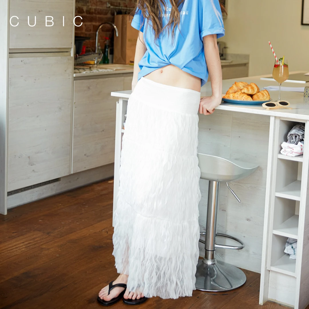 CUBIC 欧若风轻盈网纱打揽立体感波浪压褶层次感百搭显瘦半身裙