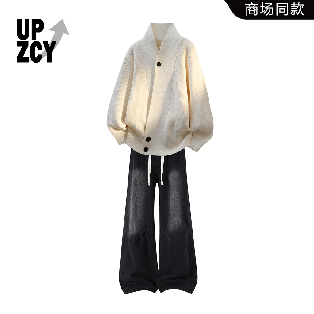 UPZCY美式慵懒风纽扣V领毛衣套装男秋冬复古水洗做旧牛仔裤两件套