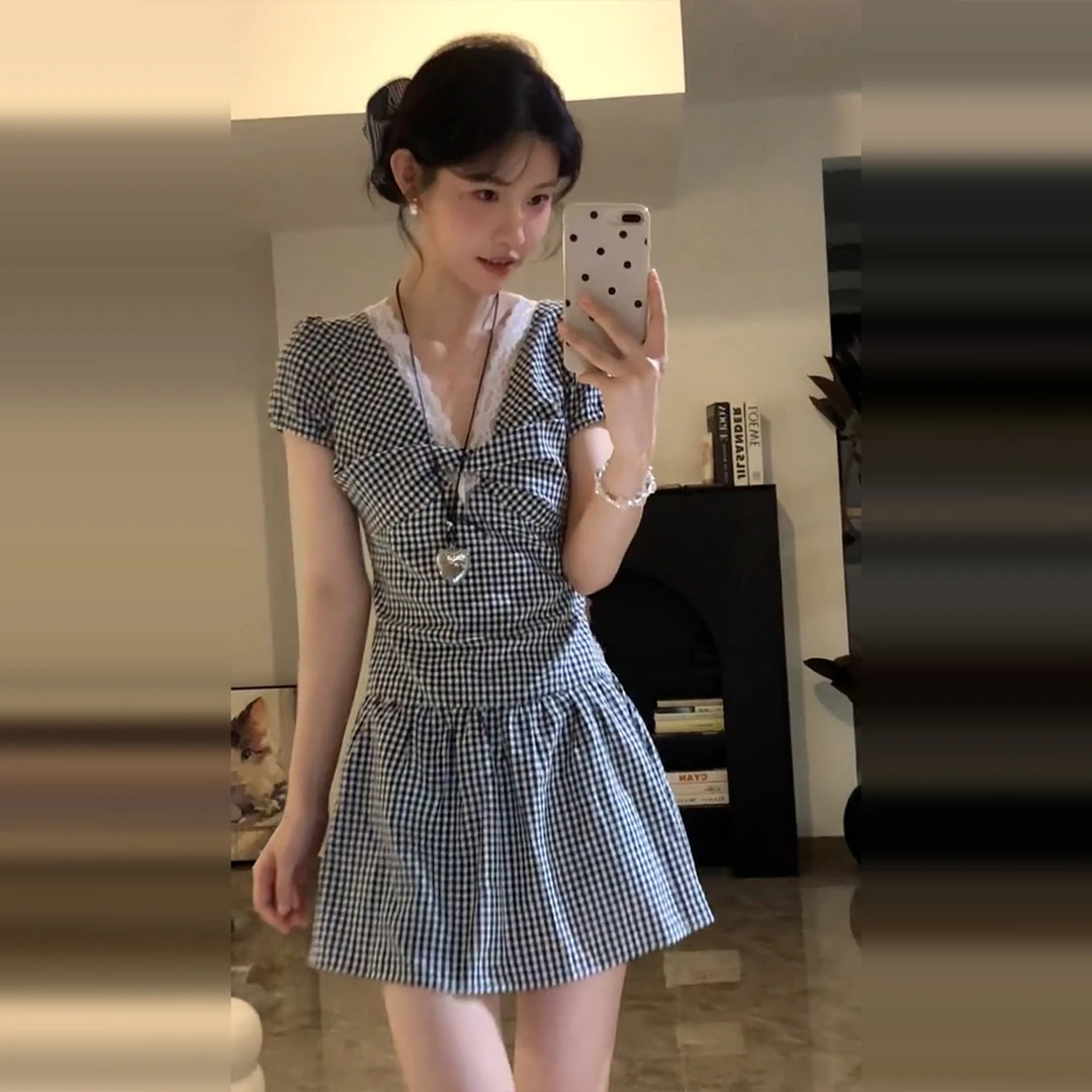 【现货+运补】蕾丝连衣裙夏2025新款今年流行爆款黑白格子短裙5439