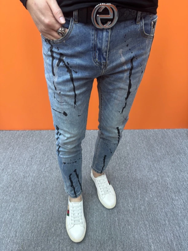 春秋季泼墨牛仔裤弹力蓝色裤子潮流修身小脚裤百搭九分牛仔裤男