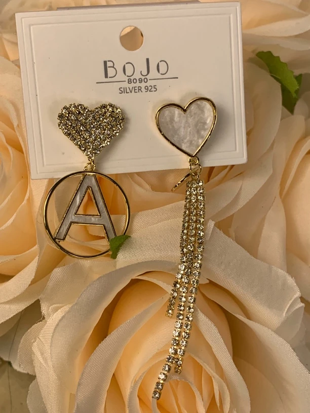 钛钢耳饰 925新日韩时尚字母A心形流苏不对称耳针气质爱心耳环