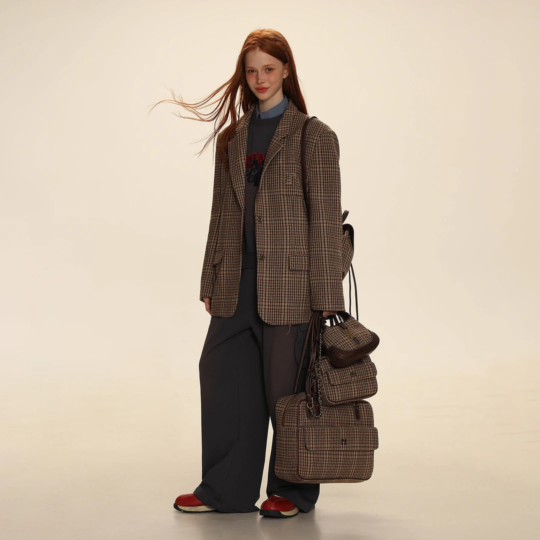 Moromoro冬季美拉德配色格纹刺绣高级感西装外套女复古学院风西服