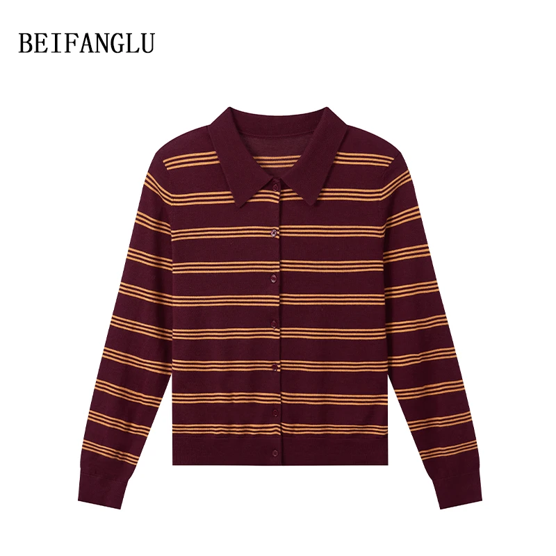 北方鹿【73%绵羊毛27%桑蚕丝】M*系高智风POLO领条纹针织开衫251329