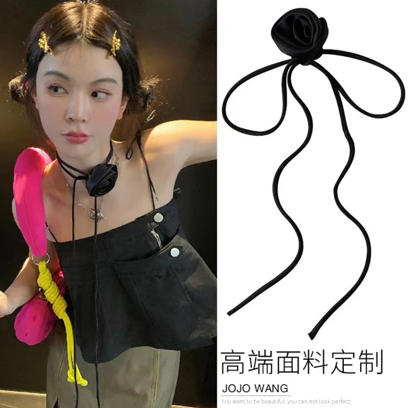 合金项链 高端缎面颈花~韩国博主同款立体花朵颈链choker脖子玫瑰