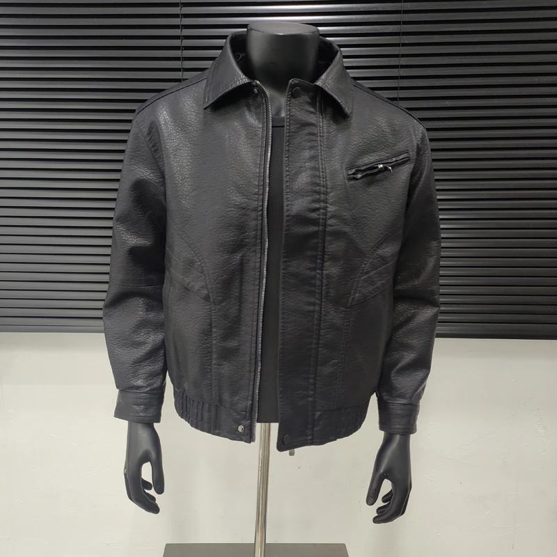 美式复古翻领pu皮外套男秋季潮流高级感痞帅机车服哈灵顿皮夹克男