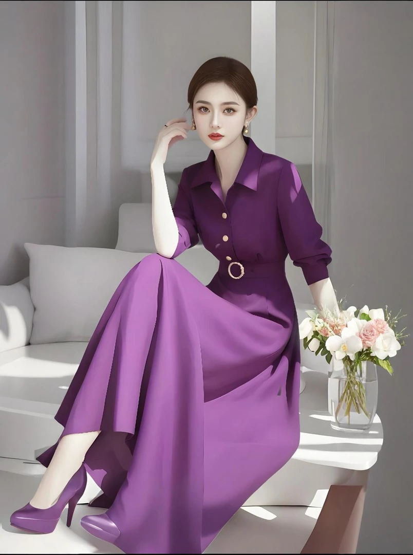 2025新款春紫色轻奢衬衫时尚收腰绝美名媛穿搭女神范显瘦连衣裙