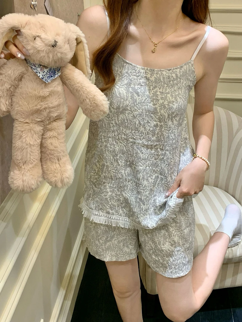 【带胸垫】水墨画睡衣女夏季套装吊带短裤可爱少女甜美家居服外穿