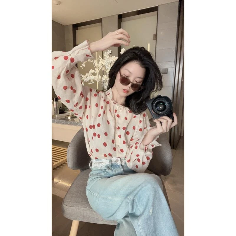 【悦悦专属】轻熟风港味时尚波点白色上衣A204