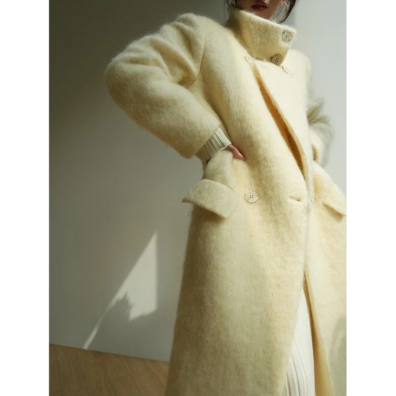 Aconiconi｜桃雾香雪 高级羊毛水波纹大衣廓形气质长毛呢子厚外套