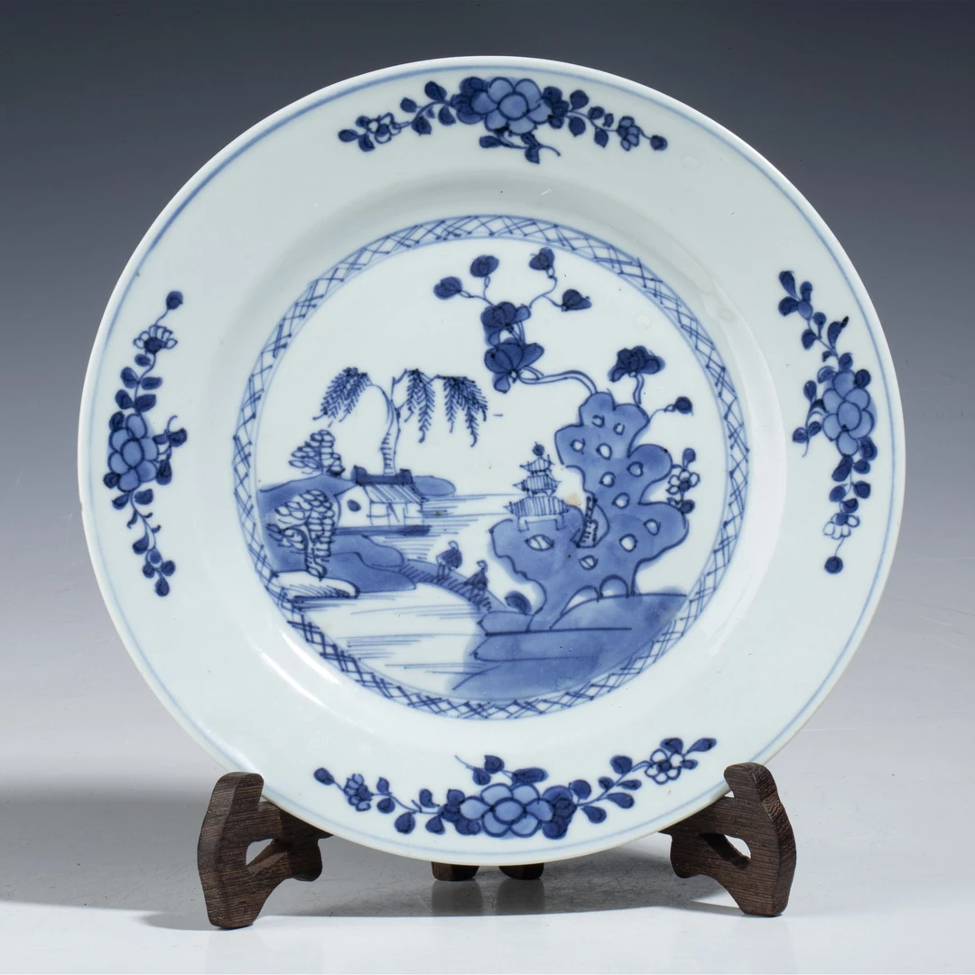 【拍卖-清康熙】·青花山水人物纹折沿盘