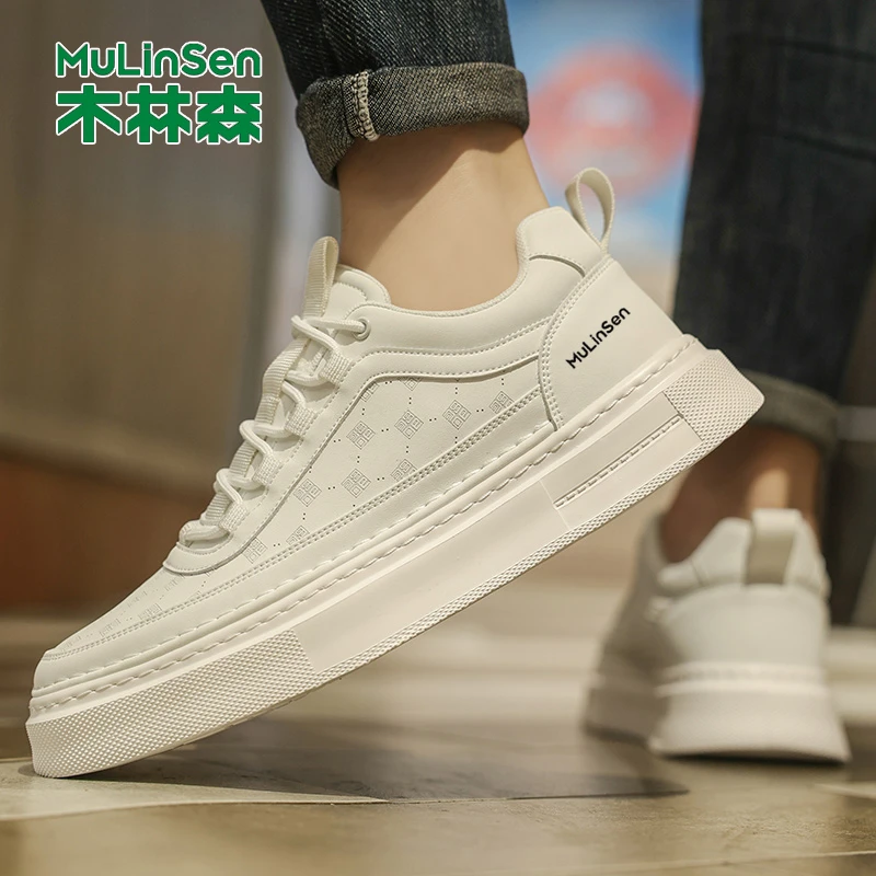 木林森高帮男鞋冬季皮面防水运动小白鞋男款白色增高中帮老爹潮鞋