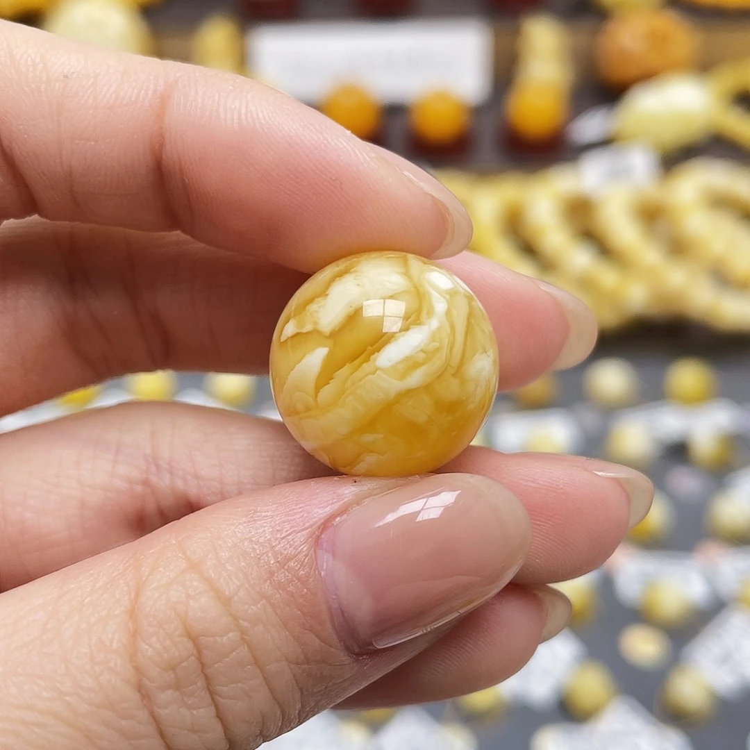 琥珀裸石未镶嵌蜜蜡圆珠18.6mm皮线