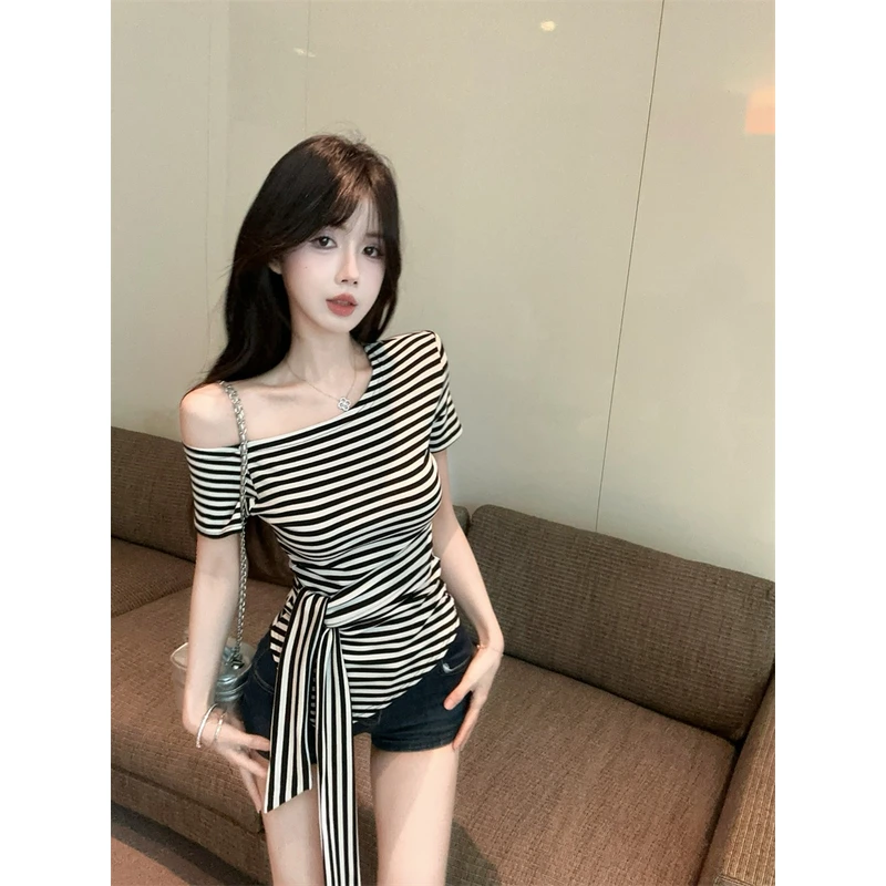 韩版小众不规则正肩上衣显瘦修身设计感辣妹绑带夏季新款短袖女夏