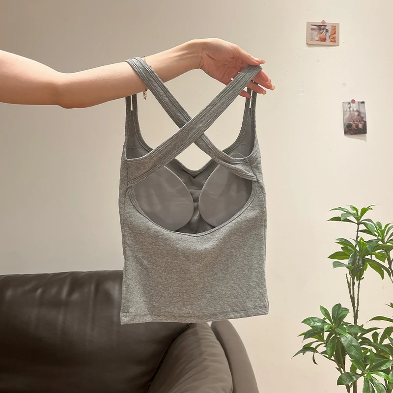 网红超百搭浅灰色纯欲基础款后背镂空吊带背心女夏季文胸一体上衣