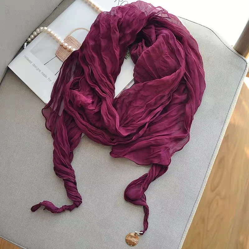 25S 复古文艺扎染褶皱小丝巾细窄长条薄款吊坠单色百搭小众围巾