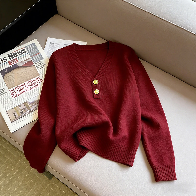 2025冬季新款轻熟小众不撞款洋气绝美红色毛衣显瘦长袖针织衫爆款