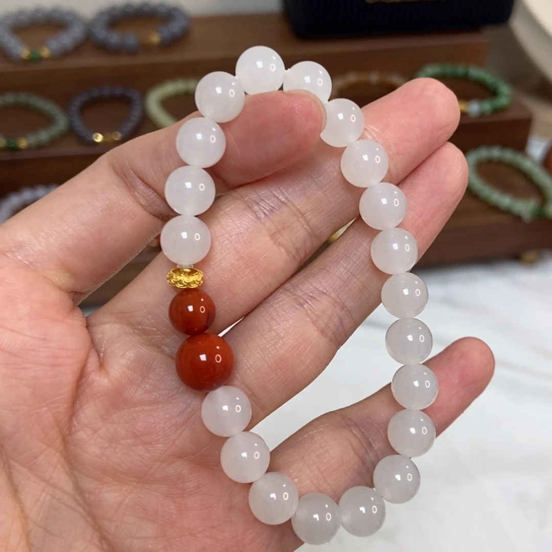 和田玉18K金镶嵌手链8mm白玉