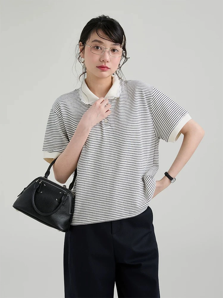 【粉风】东大门.villa button少女感减龄花边翻领条纹Polo T恤