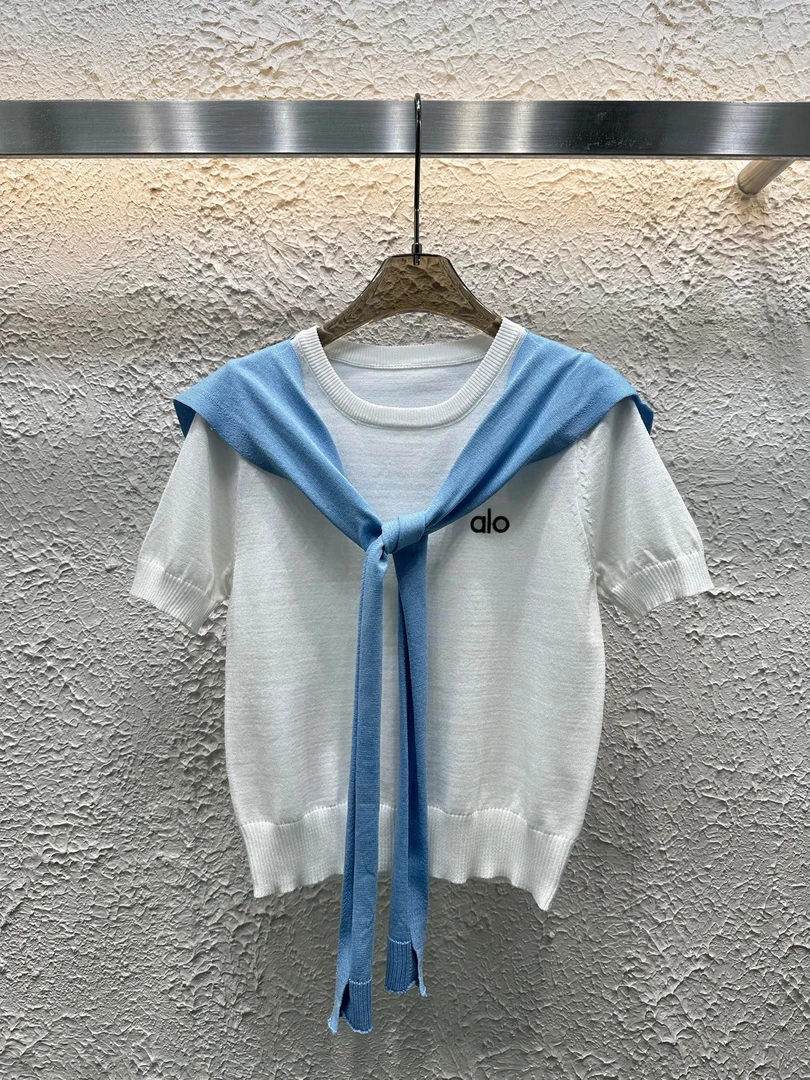 ManLing-AIO披肩圆领纯色刺绣针织短袖