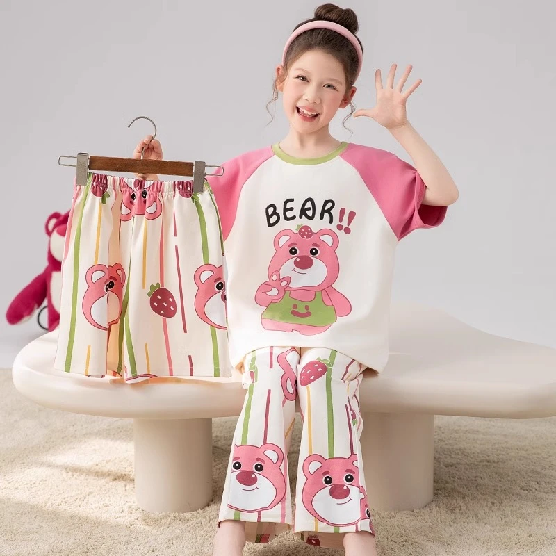 女童三件套睡衣短袖长裤纯棉夏季薄款中大童草莓熊儿童宝宝家居服