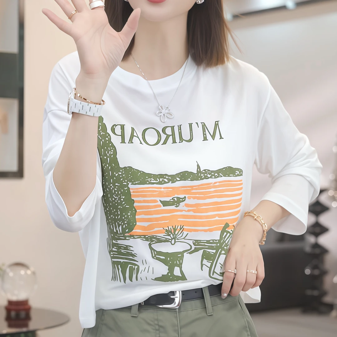 【魅力磁场】2025夏季新款潮流休闲气质防晒圆领长袖女T恤气质上衣