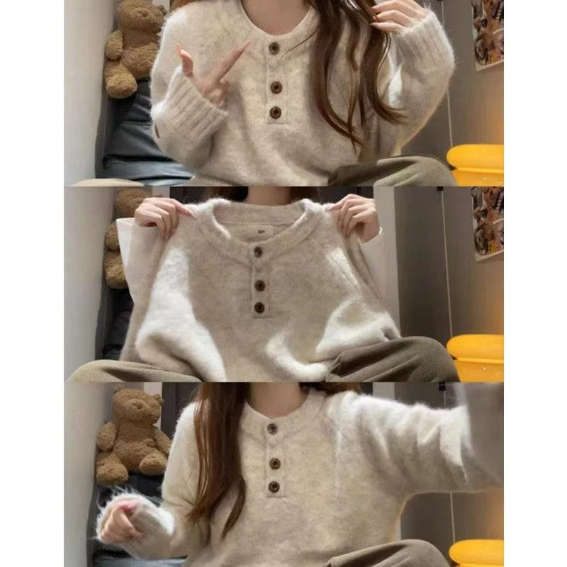 宽松针织圆领慵懒风春季毛针织衫秋季温柔上衣秋冬