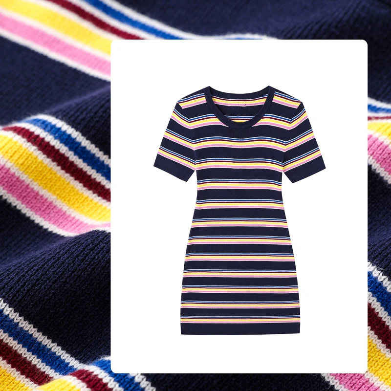 彩色条纹毛针织连衣裙修身女短袖圆领A字裙夏季新款时尚休闲撞色