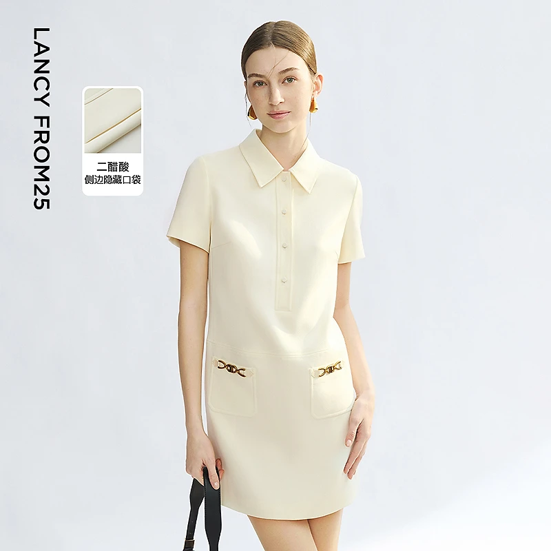 朗姿二醋酸polo领短袖连衣裙直筒短款通勤风2025年夏季小香风裙