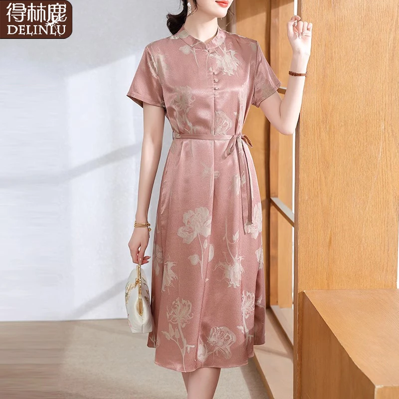 妈妈夏装洋气高贵长裙短袖2025新款系带仿真丝裙子中老年女连衣裙