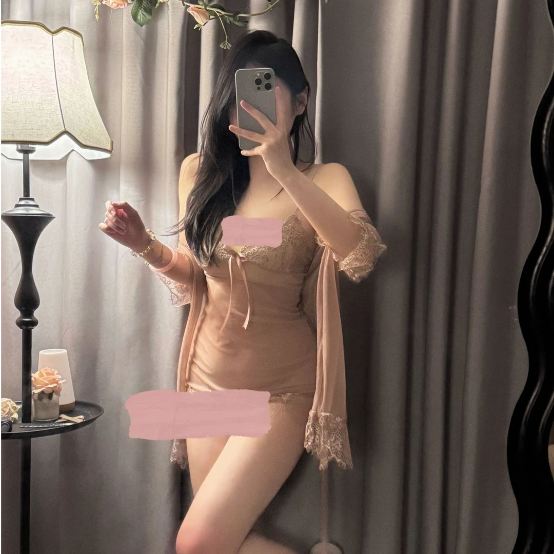 【右惑】蕾丝蝴蝶结吊带睡裙系带外袍家居服套装蕾丝睡衣